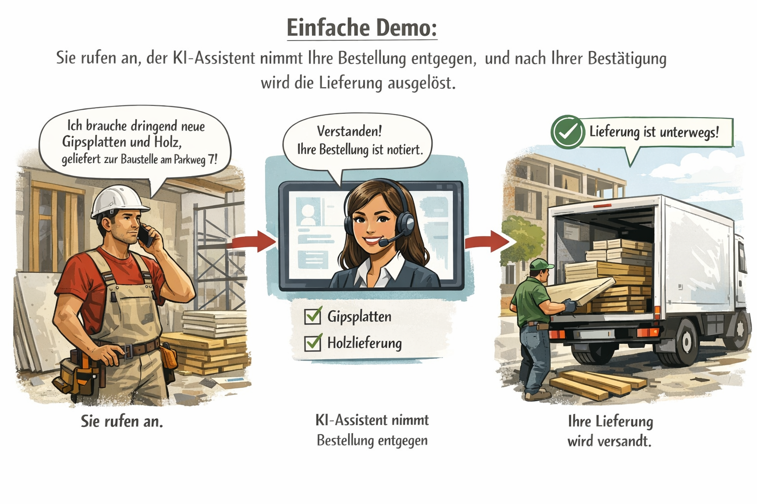 Demo-Ablauf: Anruf, KI-Assistent, Lieferung