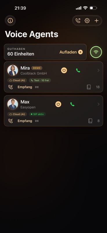 Coolblack Hauptansicht mit den Voice Agents Mira und Max