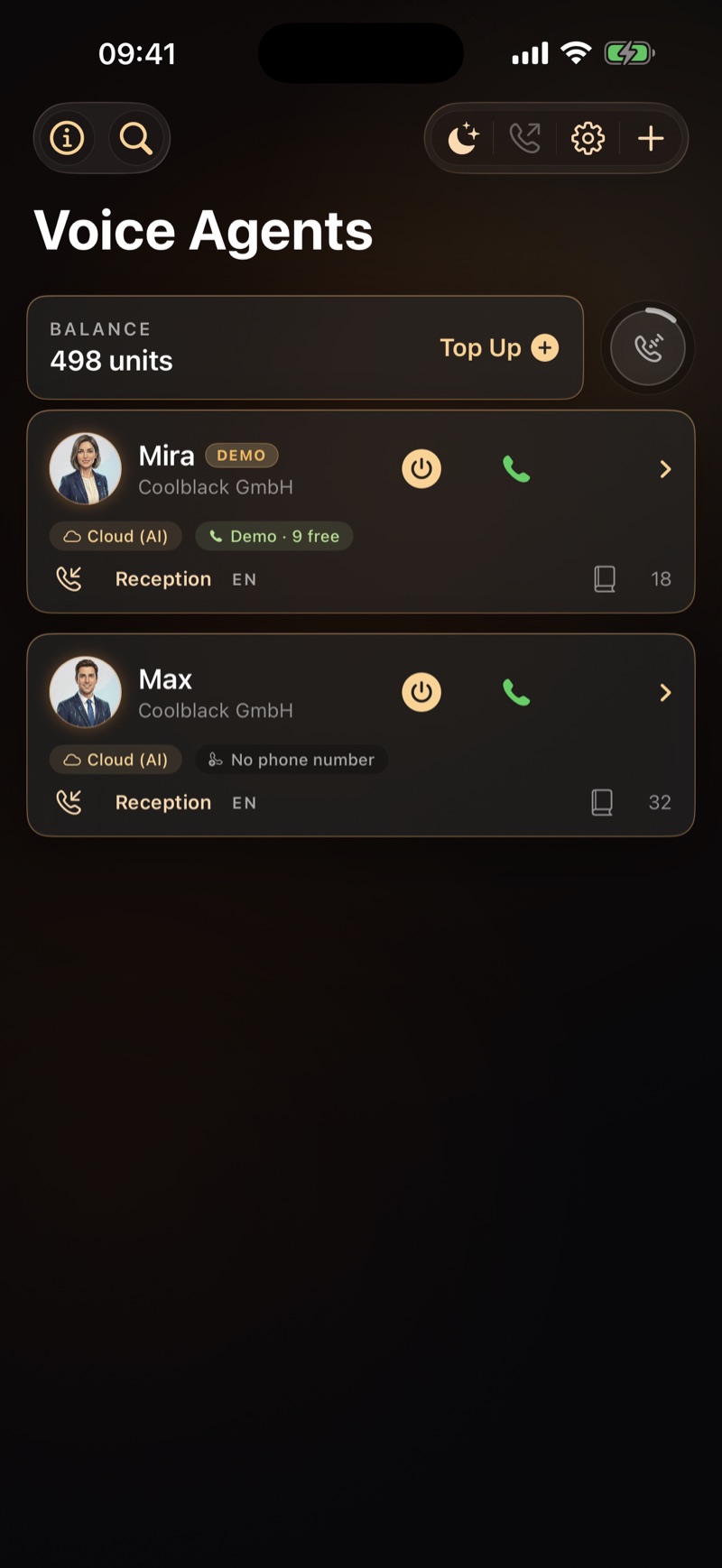Coolblack home screen with the voice agents
