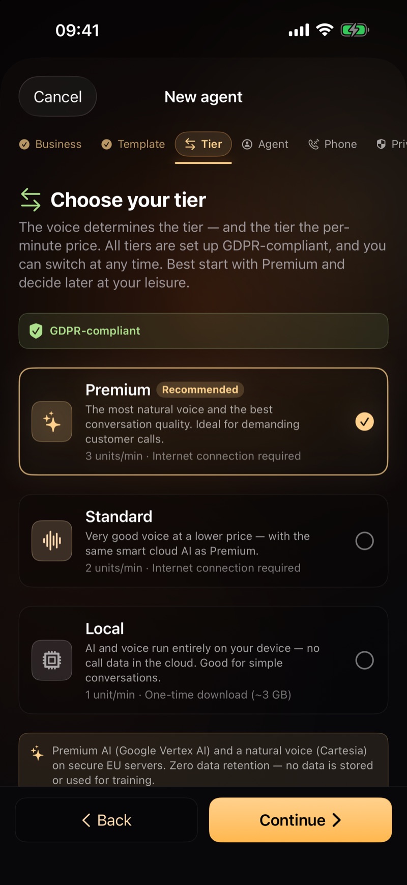 Choosing a tier in Coolblack: Local, Standard or Premium