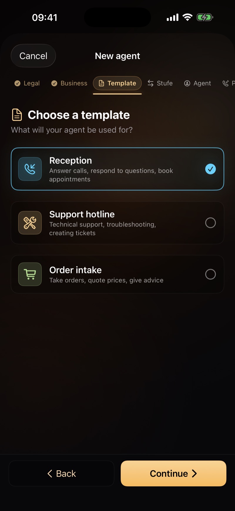 Choosing an agent template in Coolblack